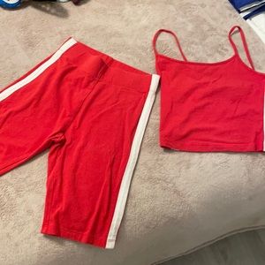 Red crop top and biker shorts set